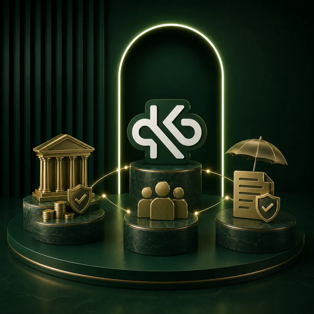 نمای سه‌بعدی همکاران بانکی و مالی کار و تجارت شریف؛ بانک، تیم و بیمه‌نامه حول نشان طلایی KTS